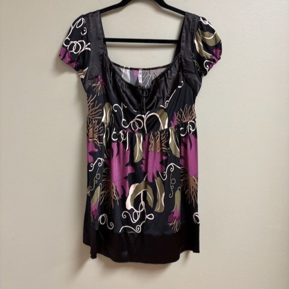 VTG Blue Sketch Womens Y2K Whimsigoth Fairy Babydoll Top Size M Satin Tunic 90s‎